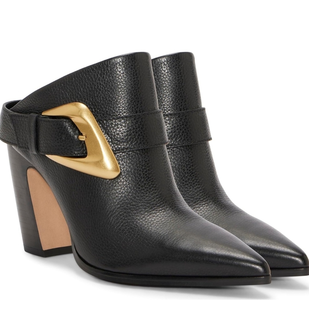 Elegant Black Leather Mules with Gold Accent